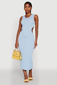 Womens Chic Ribbed Knit Keyhole Back Midi Tank Dress, Blue, Size XL
