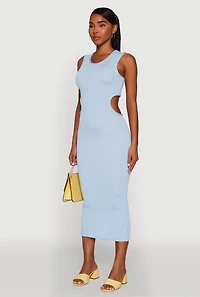 Womens Chic Ribbed Knit Keyhole Back Midi Tank Dress, Blue, Size XL