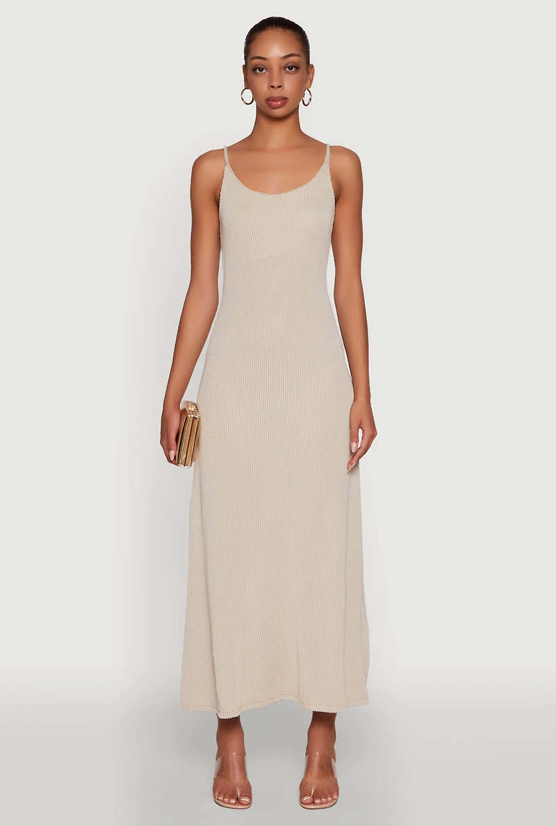 Womens Elegant Scoop Neck Ribbed Knit Cami Dress,