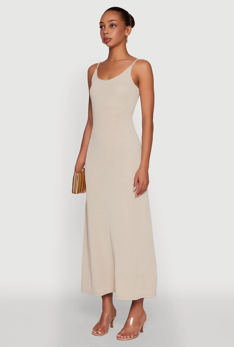Womens Elegant Scoop Neck Ribbed Knit Cami Dress,