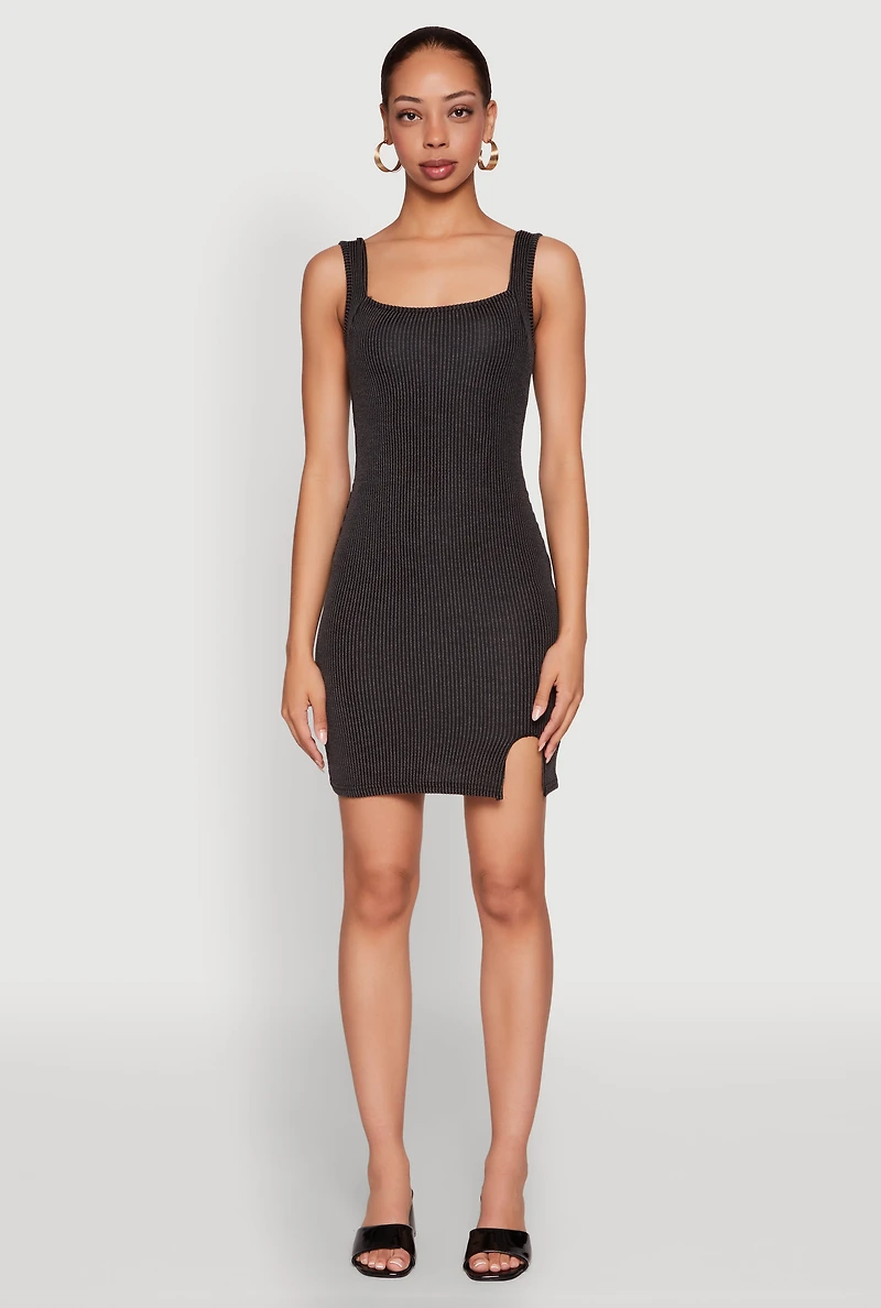 Womens Square Neck Rib Knit Tank Dress, L