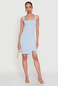 Womens Square Neck Rib Knit Tank Dress, Blue, Size L
