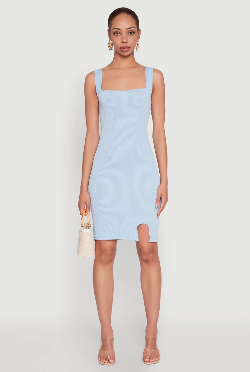 Womens Square Neck Rib Knit Tank Dress, Blue, Size L