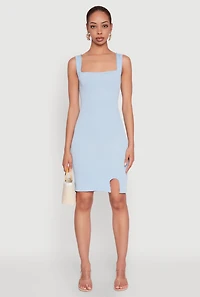 Womens Square Neck Rib Knit Tank Dress, Blue, Size L