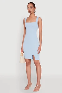 Womens Square Neck Rib Knit Tank Dress, Blue, Size L