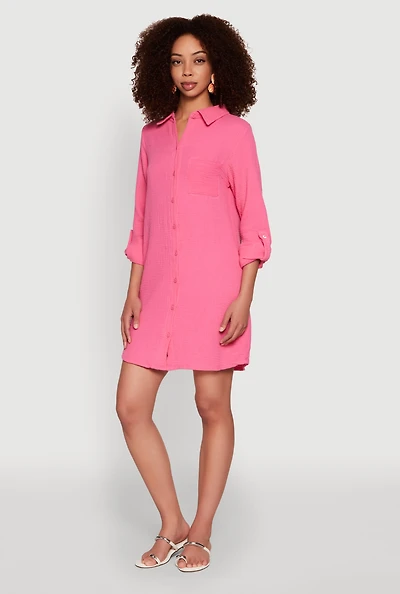 Womens Gauze Knit Shirt Dress, Pink, Size S