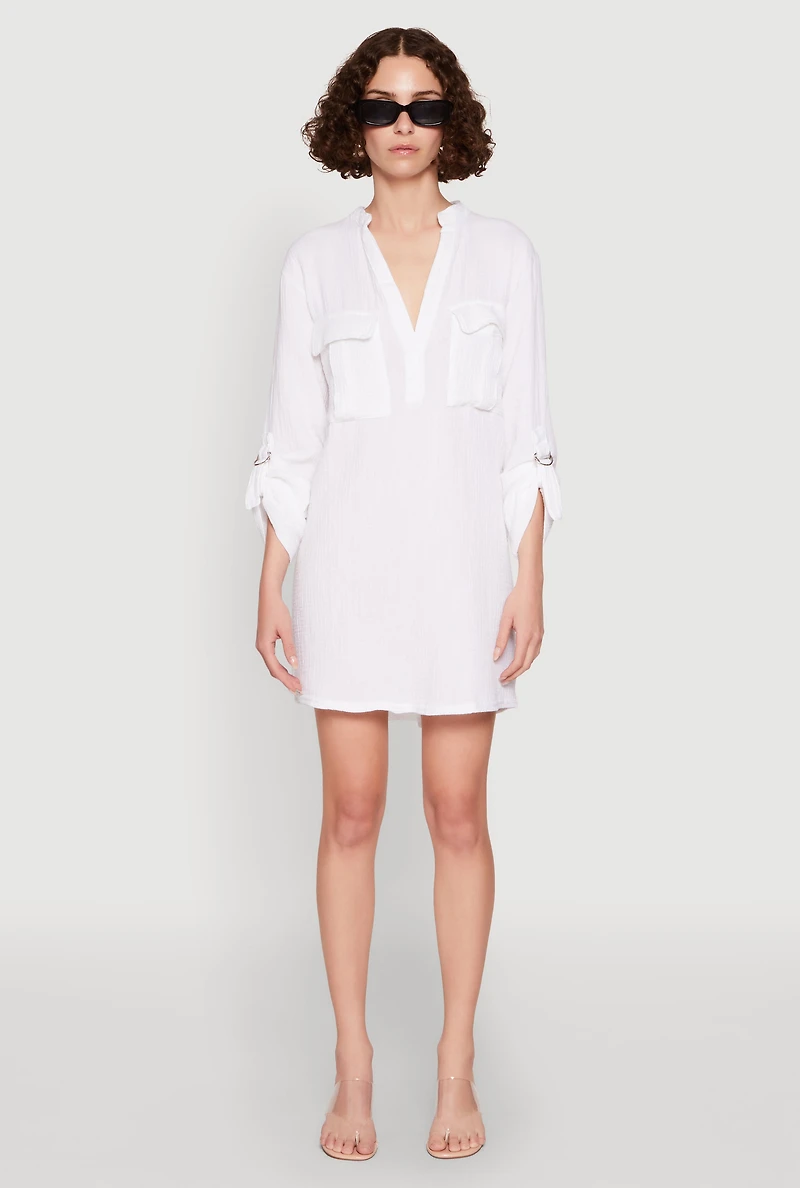 Womens Tabbed Sleeve Gauze Knit Dress, White, Size L