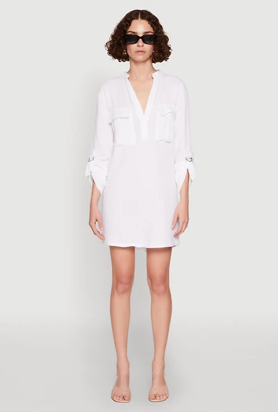 Womens Tabbed Sleeve Gauze Knit Dress, White, Size L