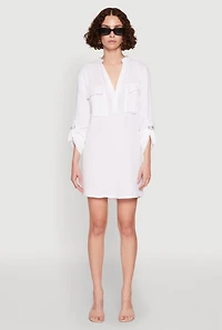 Womens Tabbed Sleeve Gauze Knit Dress, White, Size L