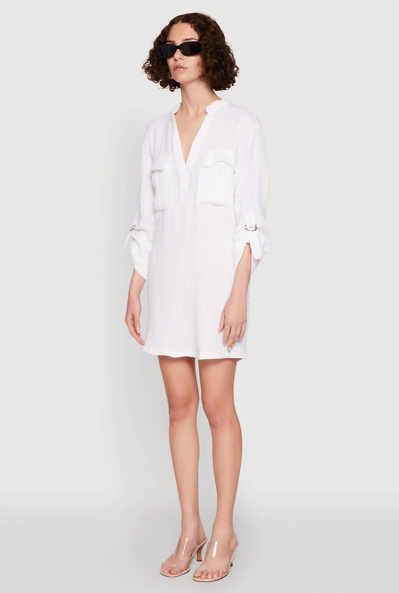 Womens Tabbed Sleeve Gauze Knit Dress, White, Size L