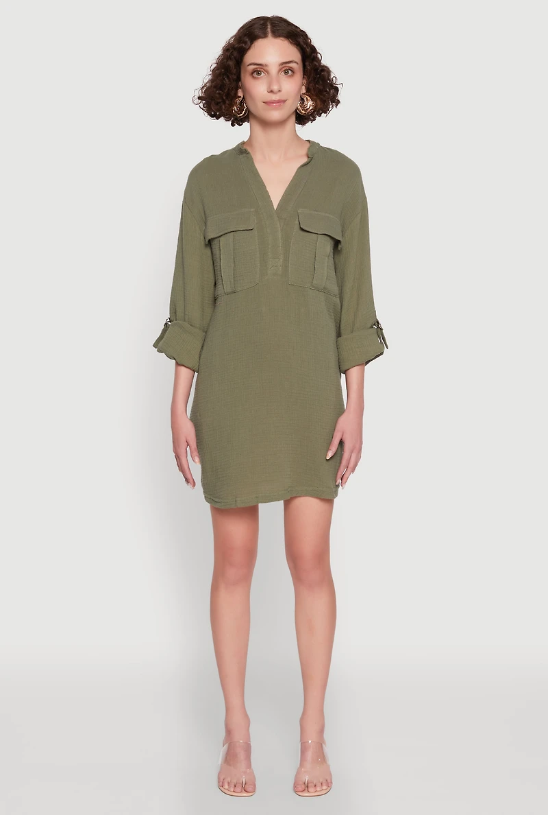 Womens Tabbed Sleeve Gauze Knit Dress, Green, Size L