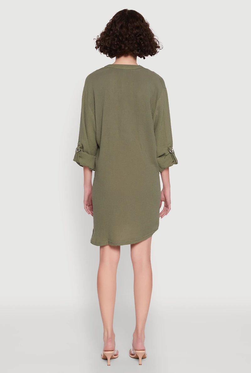Womens Tabbed Sleeve Gauze Knit Dress, Green, Size L