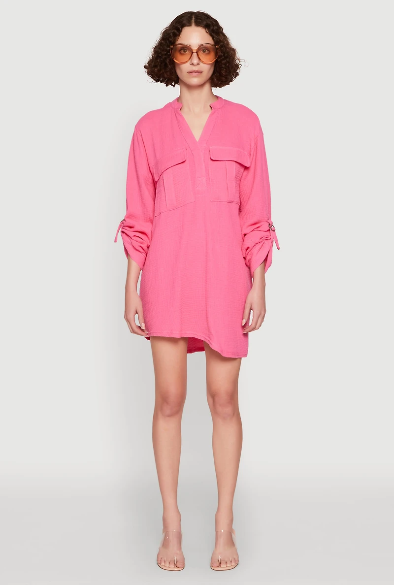 Womens Tabbed Sleeve Gauze Knit Dress, Pink, Size S