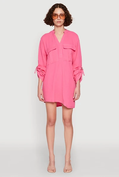 Womens Tabbed Sleeve Gauze Knit Dress, Pink, Size S