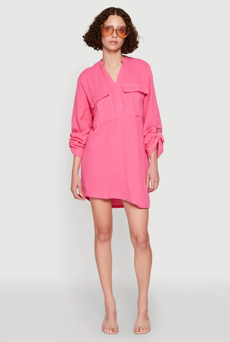 Womens Tabbed Sleeve Gauze Knit Dress, Pink, Size S