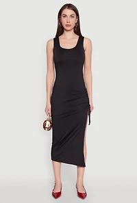 Womens Side Slit Ruched Maxi Tank Dress, Black, Size M