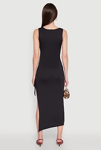 Womens Side Slit Ruched Maxi Tank Dress, Black, Size M