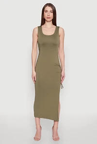 Womens Side Slit Ruched Maxi Tank Dress, Green, Size M