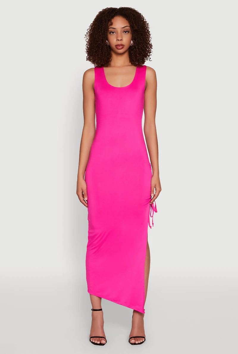 Womens Side Slit Ruched Maxi Tank Dress, Pink, Size M