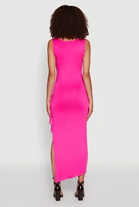 Womens Side Slit Ruched Maxi Tank Dress, Pink,