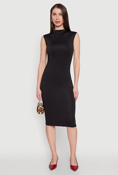 Womens Mock Neck Cap Sleeve Midi Dress, Black, Size L