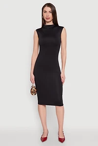 Womens Mock Neck Cap Sleeve Midi Dress, Black, Size L