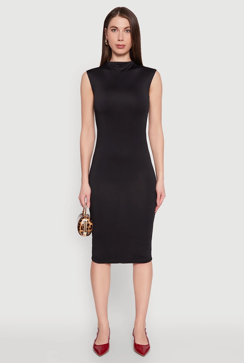Womens Mock Neck Cap Sleeve Midi Dress, Black, Size S