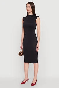 Womens Mock Neck Cap Sleeve Midi Dress, Black, Size L