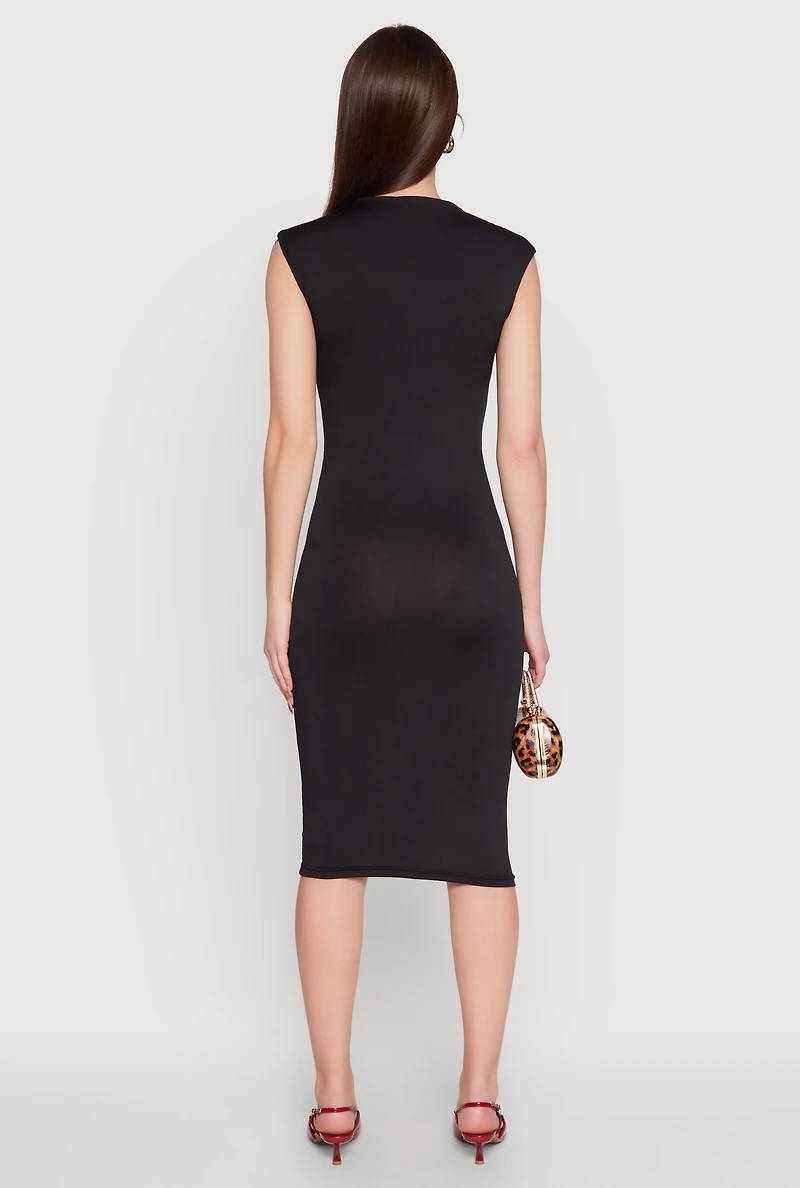 Womens Mock Neck Cap Sleeve Midi Dress, Black, Size S