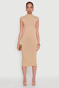 Womens Mock Neck Cap Sleeve Midi Dress,