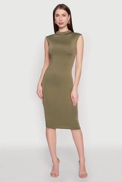 Womens Mock Neck Cap Sleeve Midi Dress,
