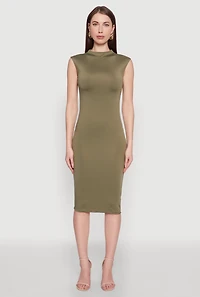 Womens Mock Neck Cap Sleeve Midi Dress,