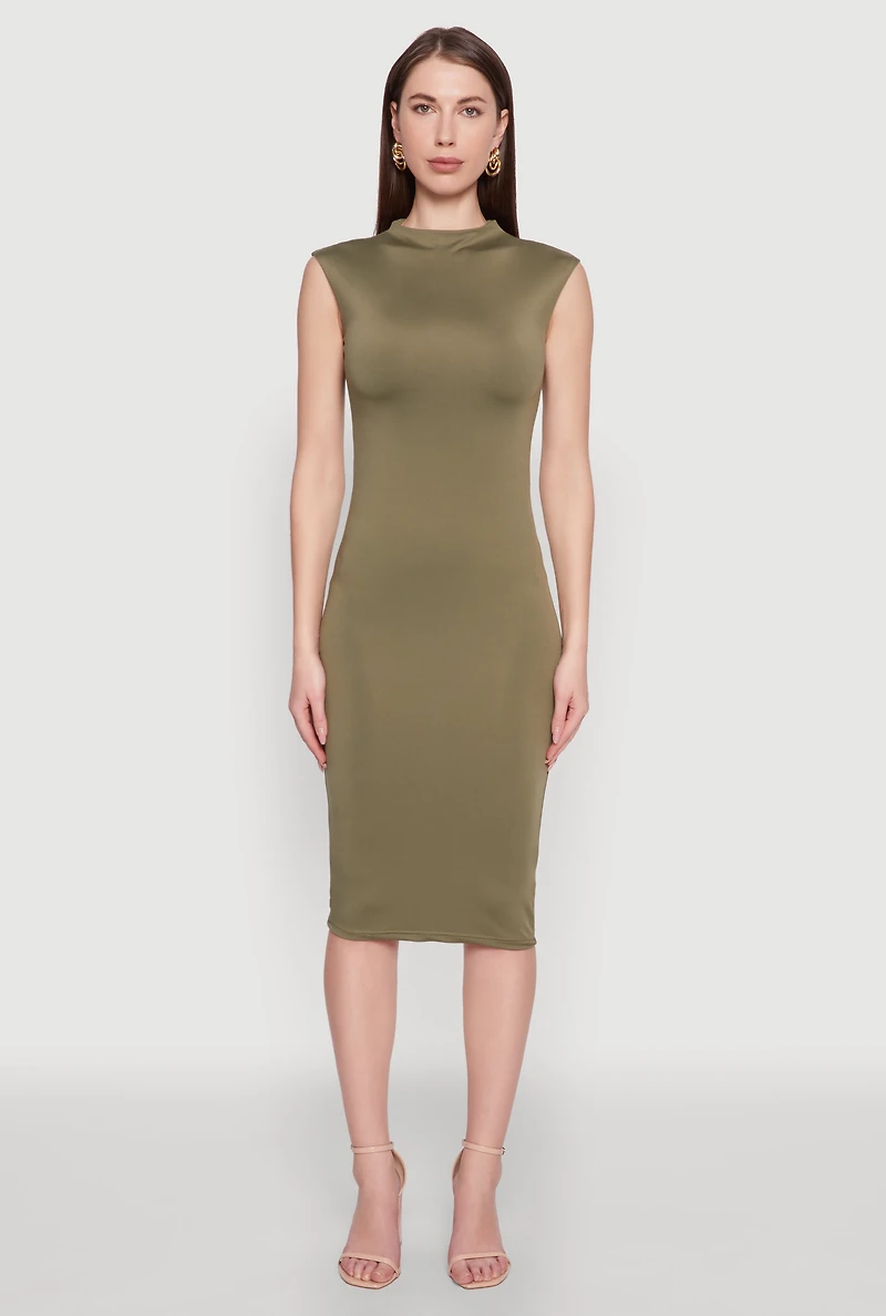 Womens Mock Neck Cap Sleeve Midi Dress, Green, Size L