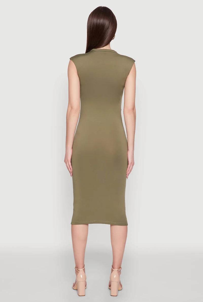 Womens Mock Neck Cap Sleeve Midi Dress, Green, Size L