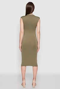 Womens Mock Neck Cap Sleeve Midi Dress, Green, Size L