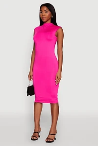 Womens Mock Neck Cap Sleeve Midi Dress, Pink,