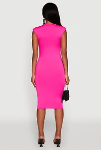 Womens Mock Neck Cap Sleeve Midi Dress, Pink,