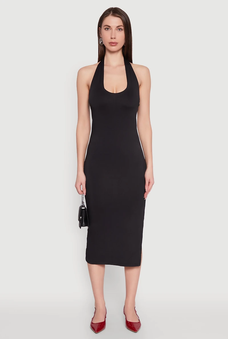Womens Side Slit Halter Neck Midi Dress, Black,