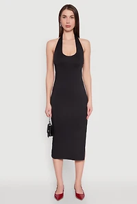 Womens Side Slit Halter Neck Midi Dress, Black,
