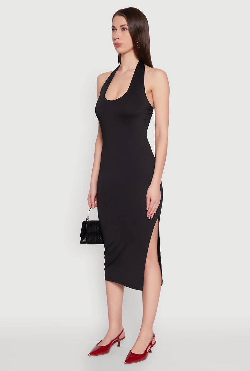 Womens Side Slit Halter Neck Midi Dress, Black,