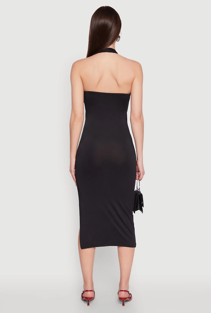 Womens Side Slit Halter Neck Midi Dress, Black,