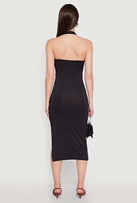 Womens Side Slit Halter Neck Midi Dress, Black,