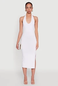 Womens Side Slit Halter Neck Midi Dress, White, Size S