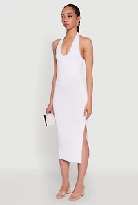 Womens Side Slit Halter Neck Midi Dress, White, Size S