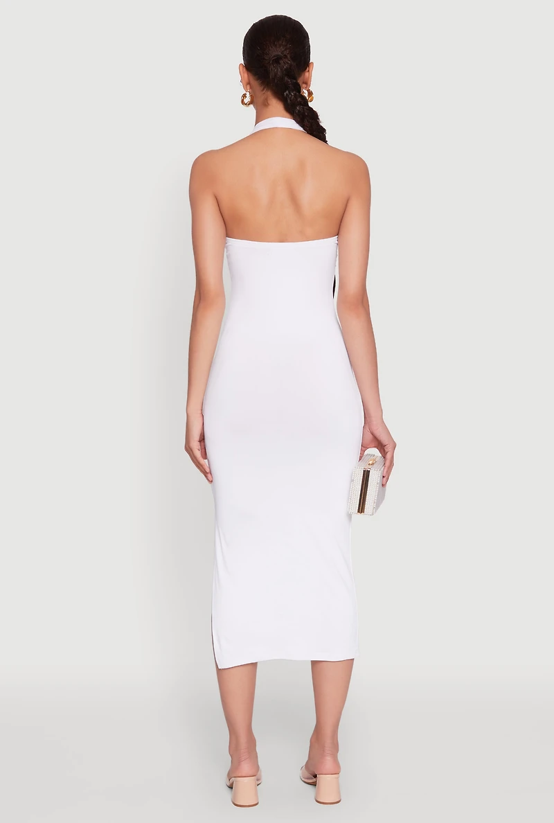 Womens Side Slit Halter Neck Midi Dress, White, Size S