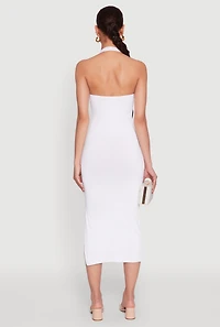 Womens Side Slit Halter Neck Midi Dress, White, Size S