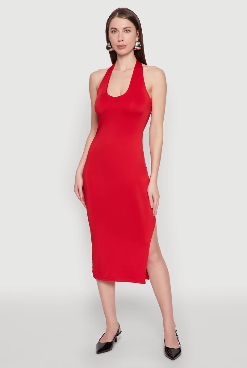 Womens Side Slit Halter Neck Midi Dress, Red,