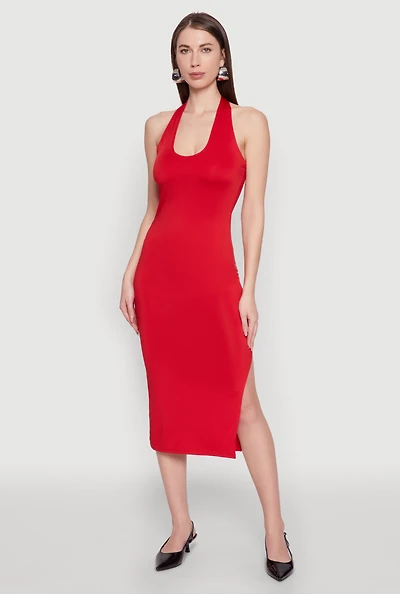 Womens Side Slit Halter Neck Midi Dress, Red, Size M