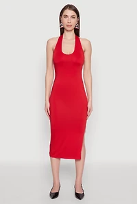 Womens Side Slit Halter Neck Midi Dress, Red,