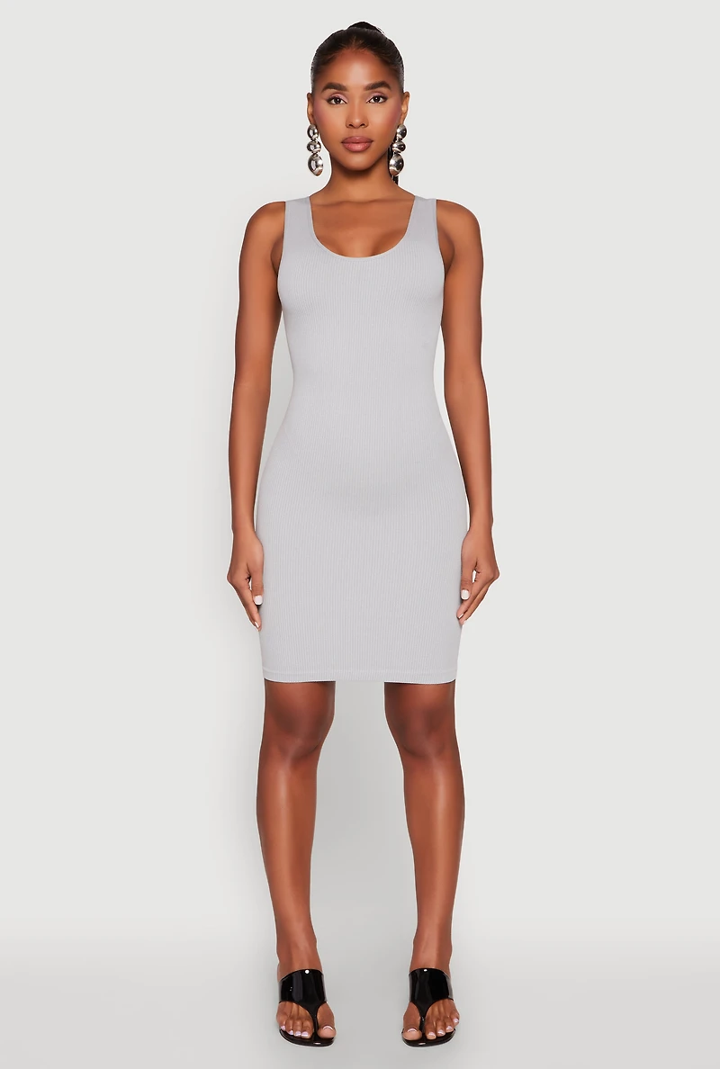 Womens Ribbed Knit Seamless Tank Dress, Grey, Size S-M